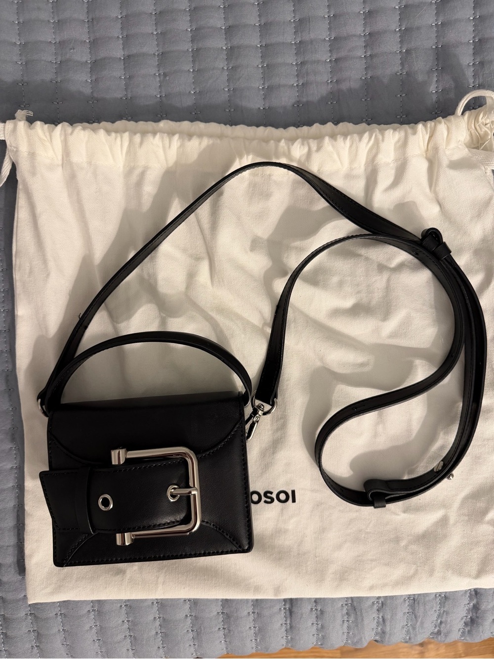 OSOI Belted Micro Bag Black Leather Crossbody Bag with Silver Buckle